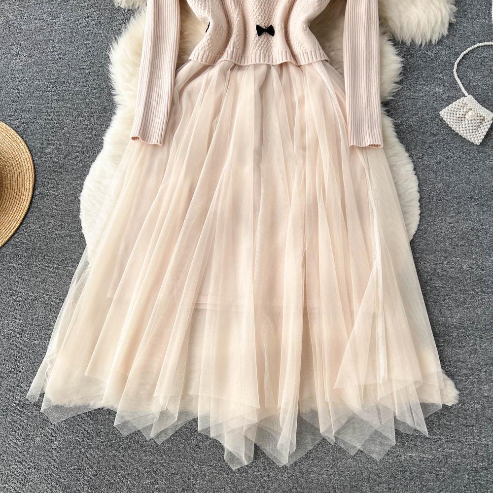 Женское трикотажное платье с нерегулярной сетчатой ​​строчкой, короткий свитер с небольшим благовонием, жилет, осенне-зимний костюм из двух предметов