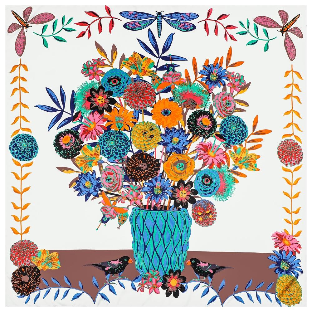 New Silk Scarf Women Large Shawls Bottle Flowers Square Scarves Wraps Bandana Luxury Kerchief Hijab Scarf Female Foulards