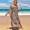 Plus Size Boho Cover Up, Women's Plus Painting Print Bat Sleeve V Neck Split Hem Maxi Cover Up Dress