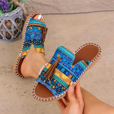Женские тапочки Летние Уличные Повседневные Сандалии на Низком Каблуке с Бахромой для Ежедневной Носки Смешанные Цвета Удобные Пляжные Тапочки Большой Размер 43