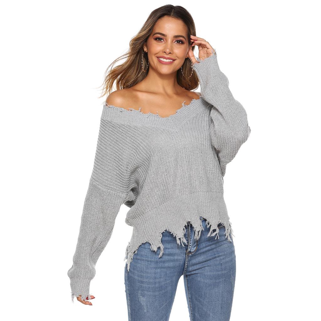 Осенне-зимний женский свободный свитер с V-образным вырезом и нерегулярной бахромой