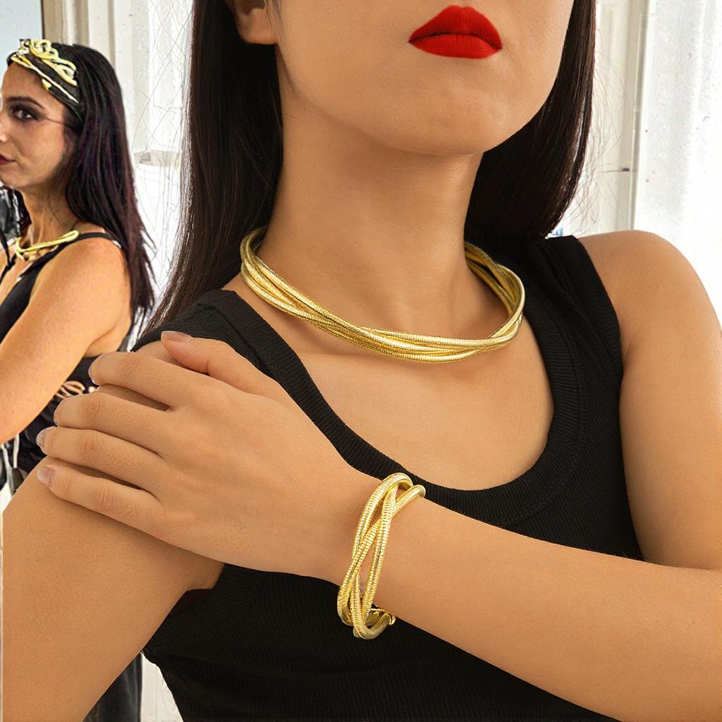 Women's Vintage Gold Plated Zinc Alloy Choker Necklace & Bracelet Set with Cross Twisted Geometric Design for Wedding Gifts