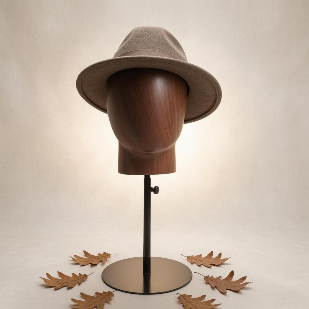 Head-Shaped Display Stand Adjustable Height Hairpiece Wood-Grain Finish