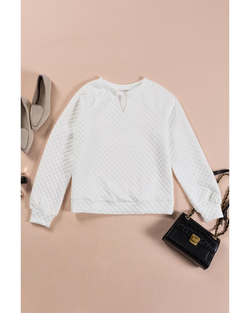 Azura Exchange White Split Neck Quilted Long Sleeve Top