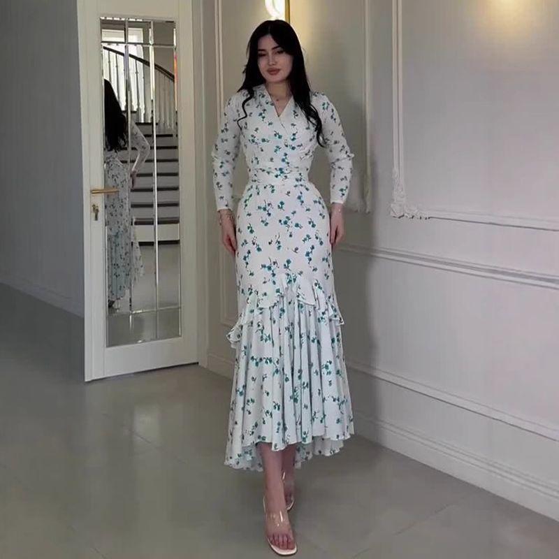 Gentle Style Fresh Floral Frill Long Dress Women Length Dress
