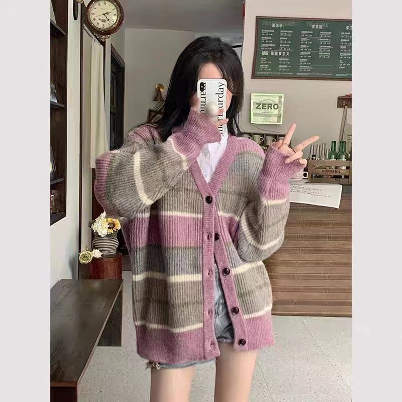 V-neck Japanese lazy style retro striped sweater jacket women's new autumn and winter loose and thin knitted cardigan
