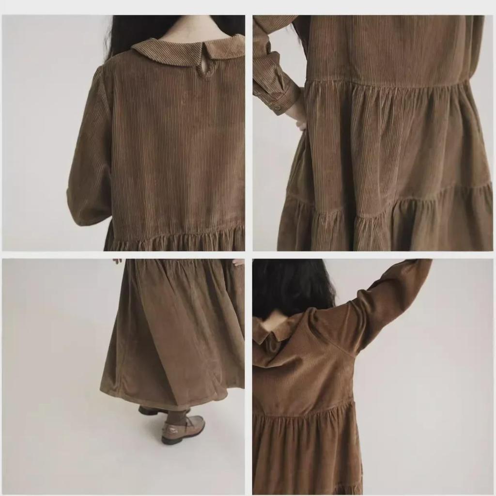 Платье А-силуэта с длинными рукавами и воротником-стойкой в японском стиле из вельвета