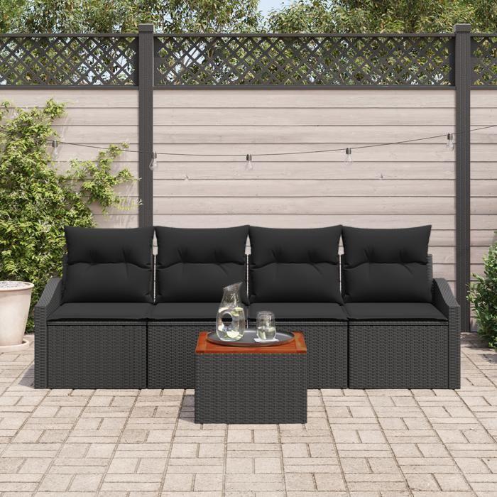 VidaXL Ensemble de 5 Canapés de Jardin avec Coussins Noirs en Polyrattan d'Acacia 3347765