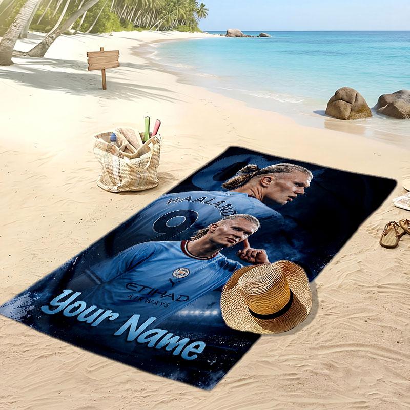 Erling Haaland Personalized Printed Beach Towel Soccer Logo Support Custom Name Text Absorbent Towel For Sport Travel Special Gift