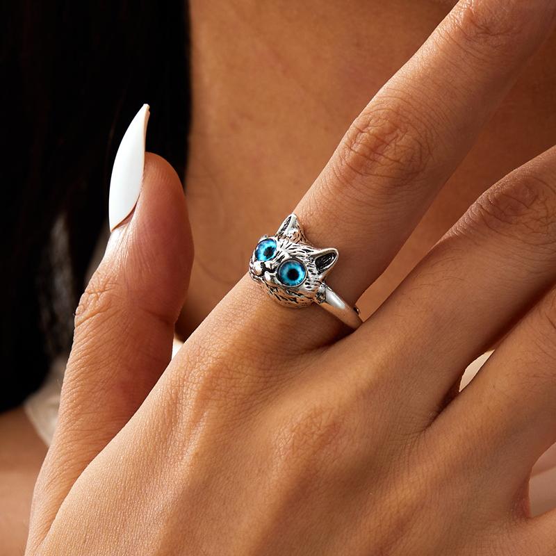 New Cute Silver Color Kitty Cat Animal Rings For Women Girls 3 Color Cat Eyes Open Couple Ring Gothic Wedding Finger Accessories