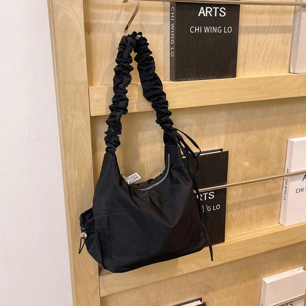 Zipper Pleated Straps Handbag Nylon Cloth Crossbody Bag Underarm Bag Drawstring Shoulder Bag Daily