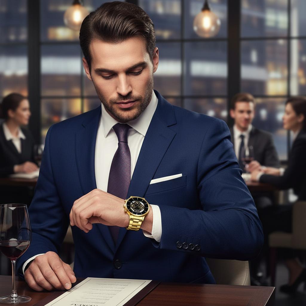 Men's Large Dial Watch With Calendar Stainless Steel Case for Business Meeting Dating