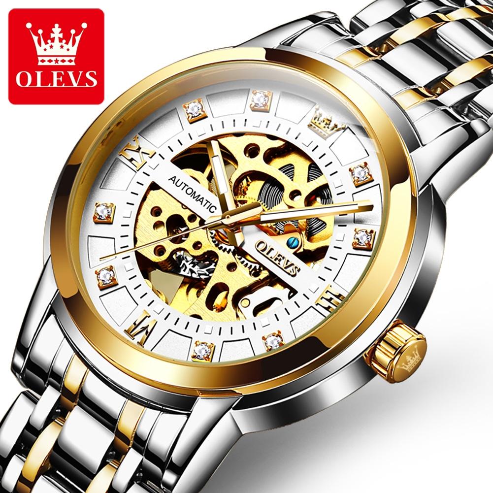 OLEVS Brand New Fashion Blue Skeleton Mechanical Watch for Men Luxury Stainless Steel Waterproof Luminous Hollow Watches Mens