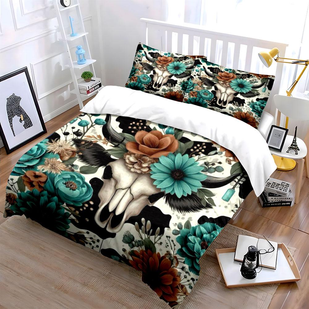 Floral Bull Skull Bedding Set Bedding Duvet Cover Set Duvet Cover Pillowcases (1 * Duvet Cover 2 * Pillowcases, without duvet insert)