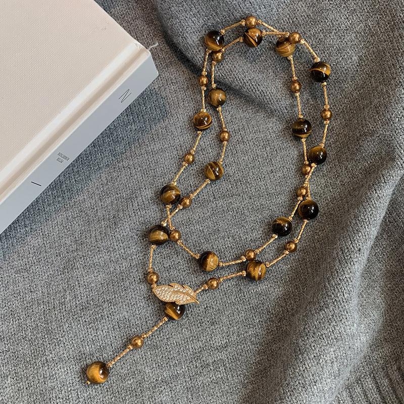 Maillard Multi-layer Tiger's Eye Stone Necklaces for Women Retro Stackable Glass Bead Sweater Neck Chain Charms Jewelry Gifts K1