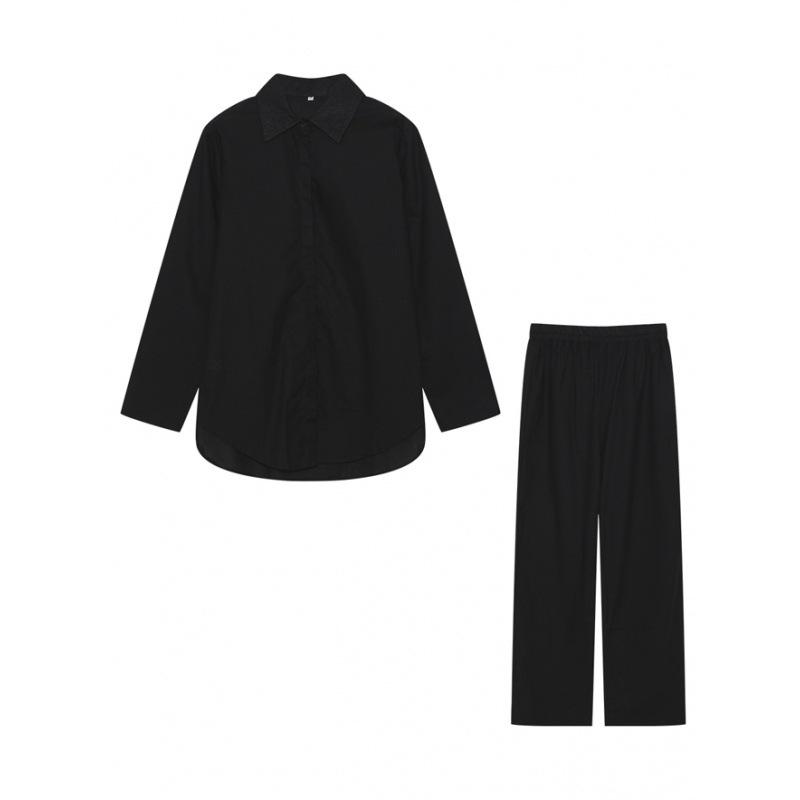 2023 Women's Casual Two-Piece Suit: Lapel Long-Sleeve Shirt & Wide-Leg Pants for Spring & Autumn