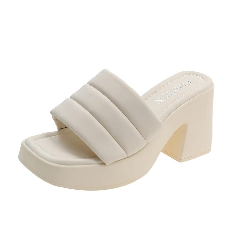 Fashion New Women's High Heel Slippers Summer Leather Open Toe Platform Slippers Black Versatile Casual Beach