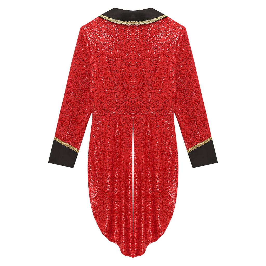 Womens Halloween Circus Sequin Tailcoat Notch Lapel Long Sleeve Open Front Tuxedo Outerwear Ringmaster Magician Costumes