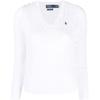 Polo Solid V-Neck Long Sleeve Sweater Women Sweaters White 211891641-001