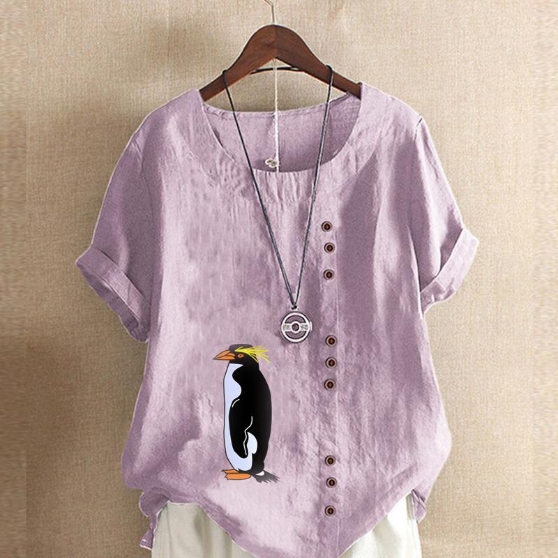 Women's New Fashion Linen Shirt Round Neck Short Sleeve Penguin Printed T-shirt Summer Ladies Casual Plus Size Blouse Tops