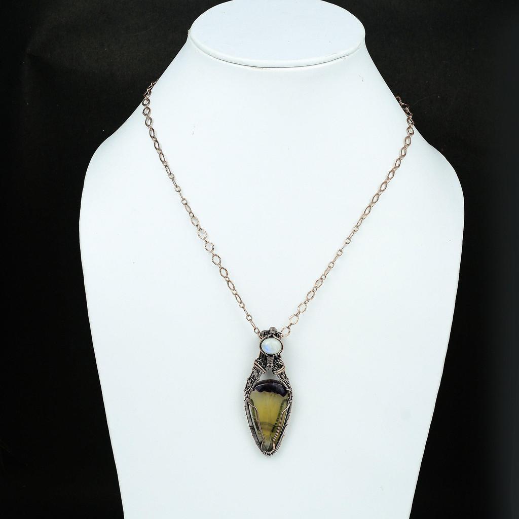 Подвеска из медной проволоки с разноцветным флюоритом и драгоценным камнем, радужная медная бижутерия с лунным камнем, дизайнерские украшения ручной работы, подарок для матери, бижутерия из проволоки