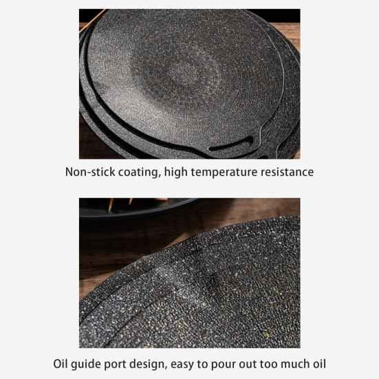 Yousheng Korean BBQ Grill Pan Non-stick Round Baking Pan for Indoor Cooking Barbecue Tray with Handles Cast Iron Frying Pan for Home Camping