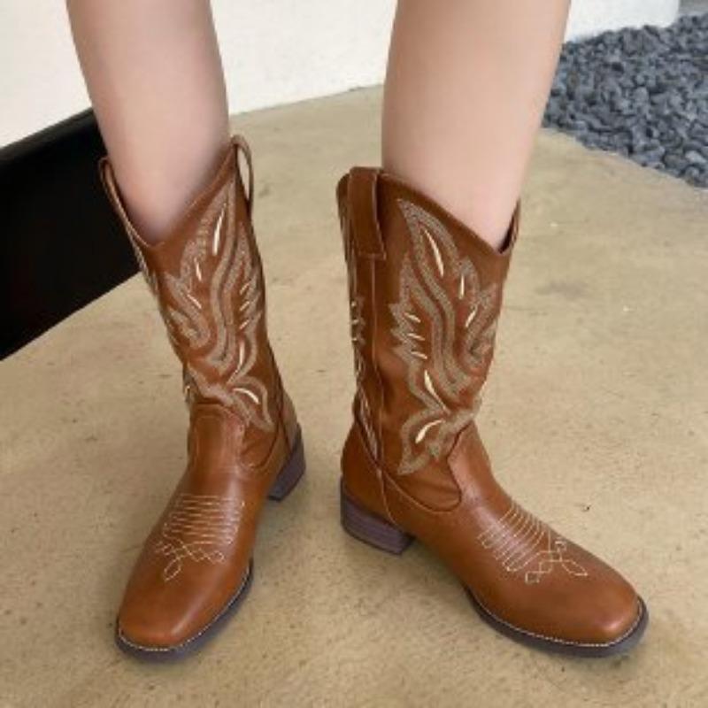 Women Boots Embroidered Western Boots Leather Mid Calf Cowboy Boots Winter Chunky Heel Boots Female Shoes Boots