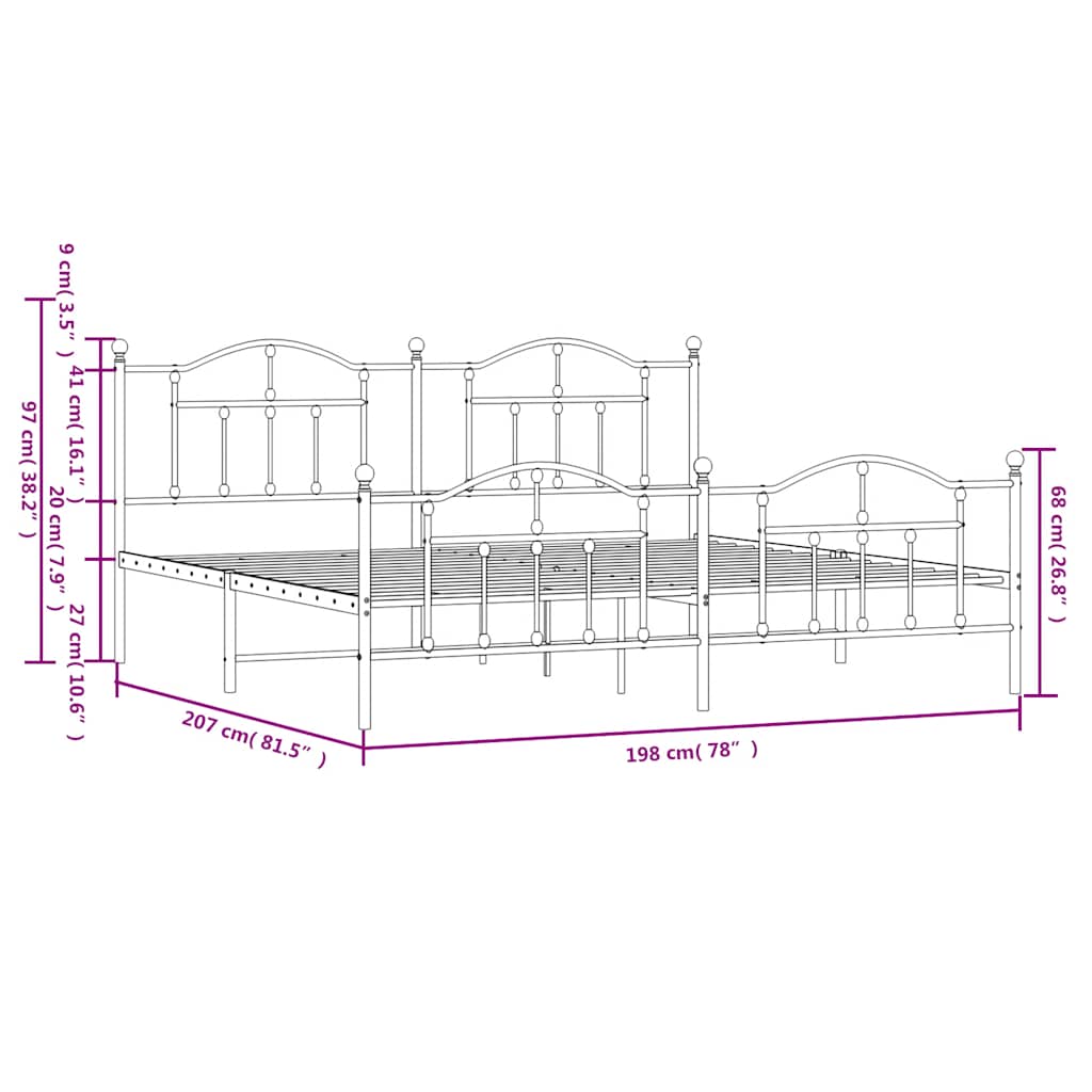 Metal Bed Frame with Headboard and Footboard Black 193 x 203 cm