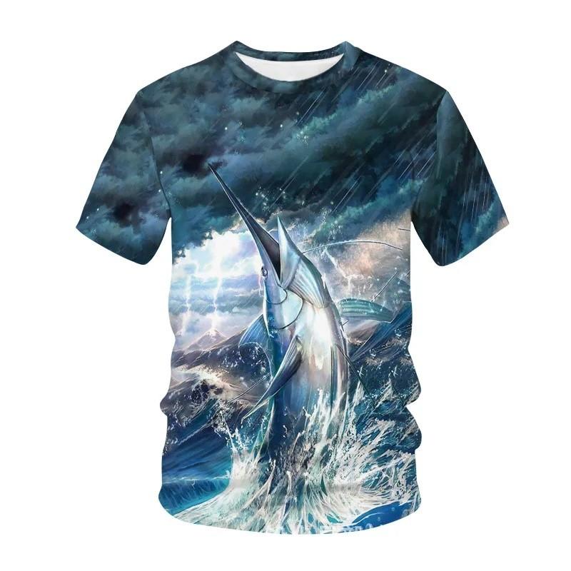 Sea View Sunset Sailfish Lighthouse 3D Print Kids Round Neck Short Sleeve Tee Loose Outdoor Fishing Daily Top