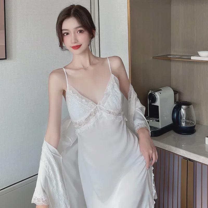 Lace Hollow Temptation Ice Silk Suspender Nightdress & Robe Set with Chest Pad
