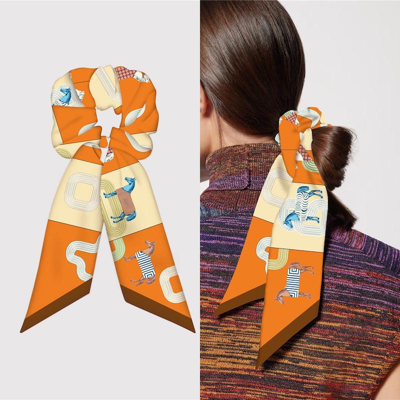 Шелковый платок для волос для девочки, эластичные резинки для волос, завязки, аксессуары, роскошный дизайн, принт с лошадьми, прическа «хвост», повязки для волос, лента