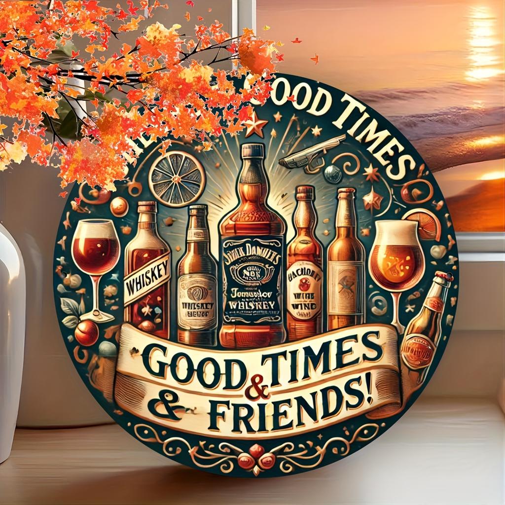 Винтажная круглая деревянная табличка Cheers & Good Friends размером 8x8 дюймов — настенное искусство в стиле ретро для баров, кафе, домов и открытых террас — состаренный вид