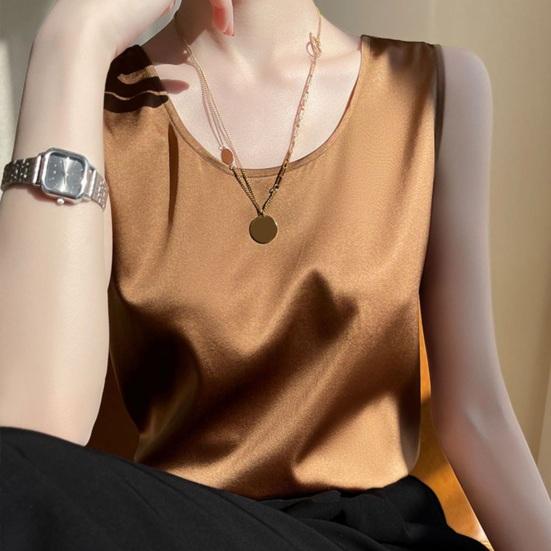 Women Summer Vest Round Neck Sleeveless Smooth Satin Vest Regular Fit Tank Tops Casual Camisole Clubs Daily Wear