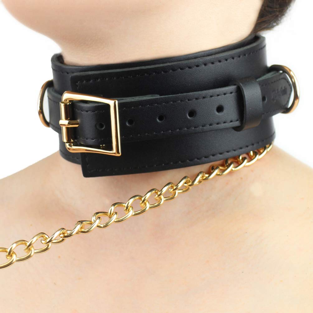 Liebe Seele SM Goods Collar and Handcuffs Black Set Genuine Leather High Quality Cosplay X Gold (black Hardware)