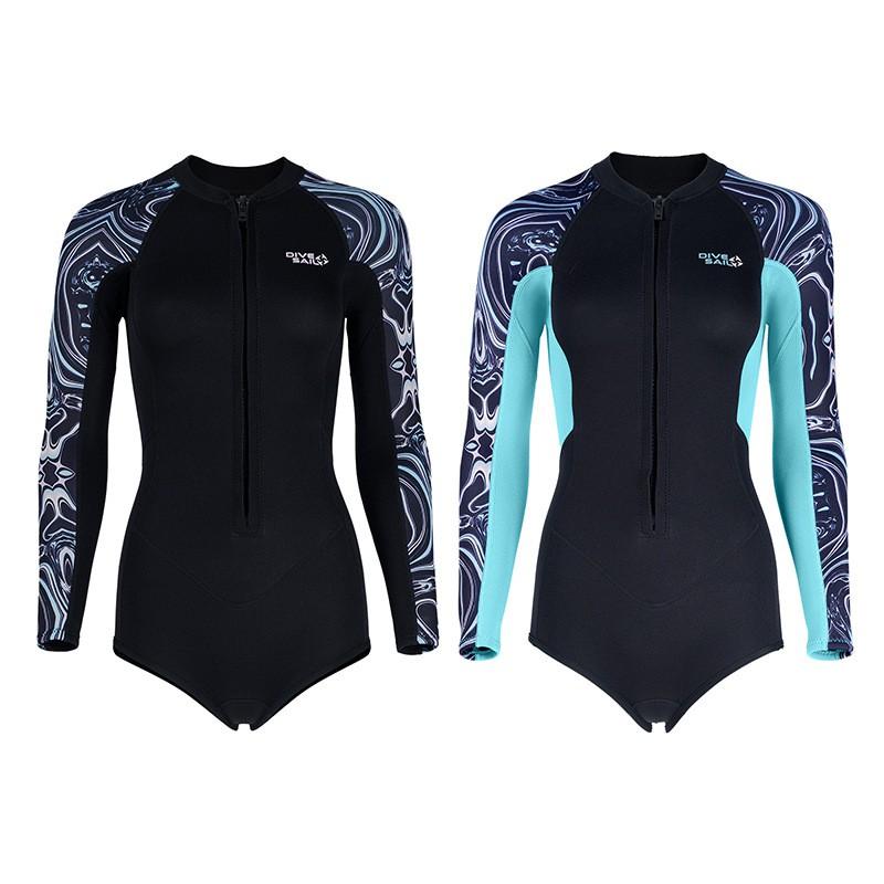 Womens 2mm Neoprene Wetsuit Full Body Long Sleeve Short Pants Snorkeling Diving Swimming Surfing Warmth