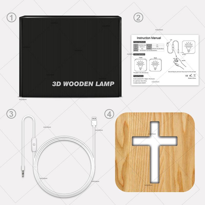 New Creative 3D Wooden Night Light Cross Solid Wood Pine Craft Table Lamp