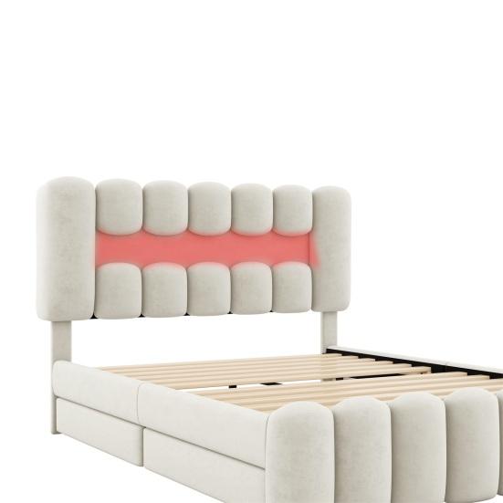 Soft Bed with LED Light Strip 140 x 200cm Large Storage Capacity Upholstered Teen USB 4 Drawers Headboard Ergonomic Design