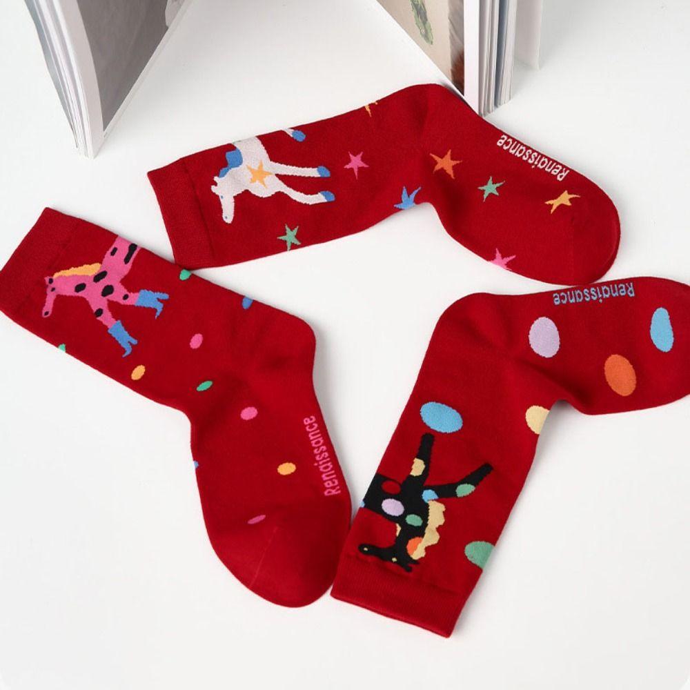 3Pairs Cartoon Year of The Horse Socks Winter Autumn Red Cotton Socks New Year Tube Socks  Gift