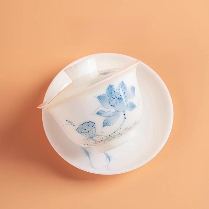 Porcelain Tea Set Chinese Tea Cup Hand Painted Lotus Gaiwan Luxury Gongfu Tea Ware Jade Ceramic Gift for Home Office Decor