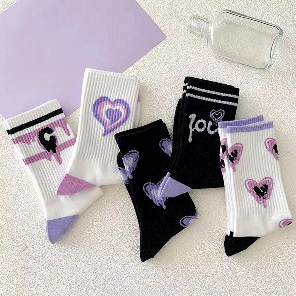 Женские белые носки, милые хлопковые носки с сердечками, Kawaii, консервативный корейский стиль, аниме, фиолетовые женские носки, комплект из 5 пар