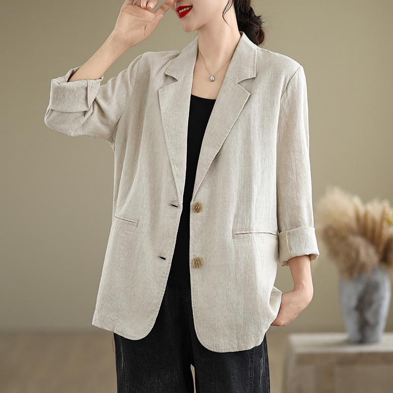 Spring Autumn Literary Vintage Cotton Linen Casual Suit Women Long Sleeve Solid Blazer Female Cardigan Coat Top
