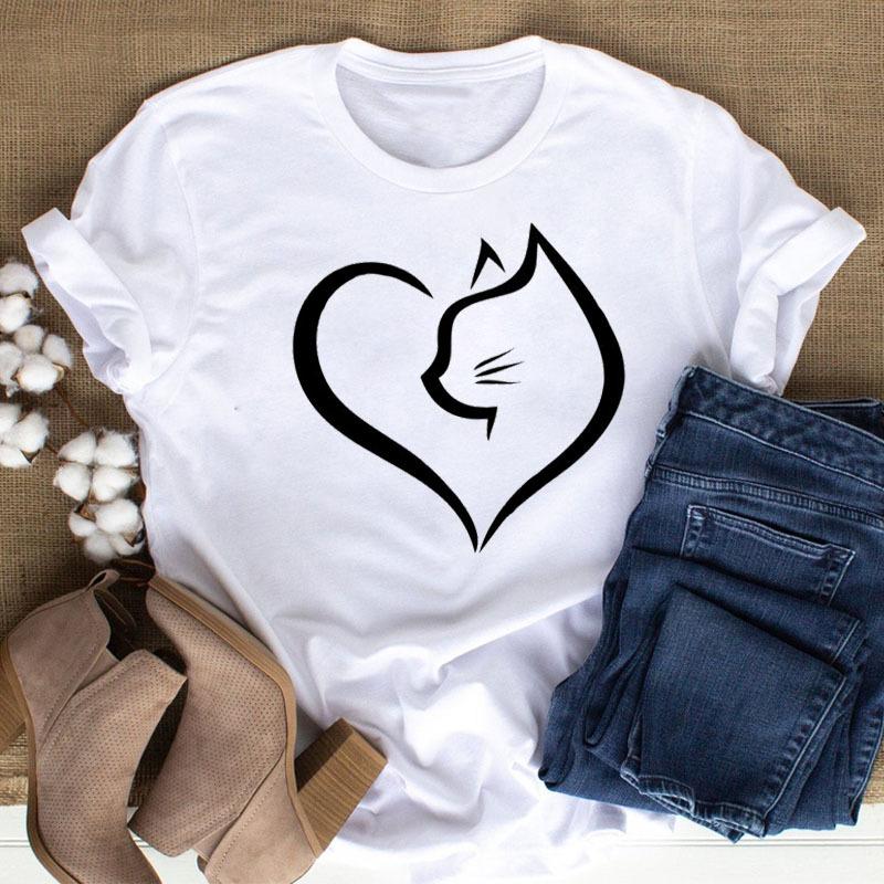 100% Polyester Women's Summer Casual Top with Cute Cat Dog Paw Print round Neck Short Sleeve T-shirt Fashion High Street Style gift