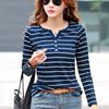 V-neck Cotton Women T-Shirt Long Sleeve Striped T Shirt 2023 Spring Autumn Female Clothes Fashion Top Tee Lady Tops 7215
