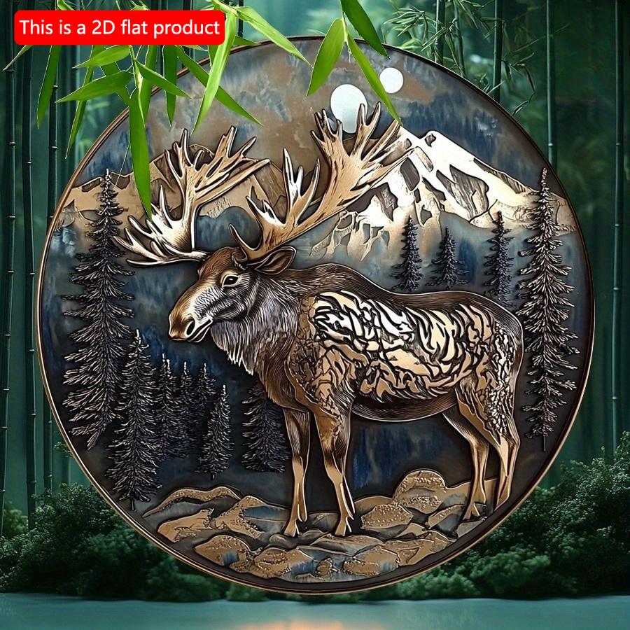 2d Flat 20*20cm, Majestic Moose and Nature Scene, Round Wooden Wall Art, Outdoor Decor, Wooden Wall Sign, for Home, Kitchen, Bedroom, Bar.