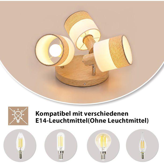 Plafonnier 3 spots - NETTLIFE - Pied en bois E14 pivotant 350° - Abat-jour tissu lin - 3x25W - Style vintage blanc