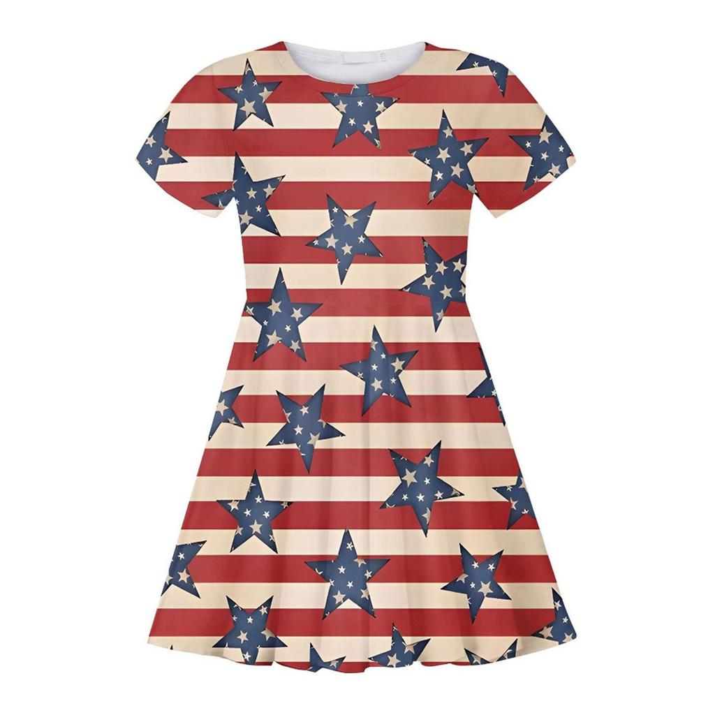 Summer Casual Loose Print Sweet Girl Short-sleeved Princess Independence Day Dress