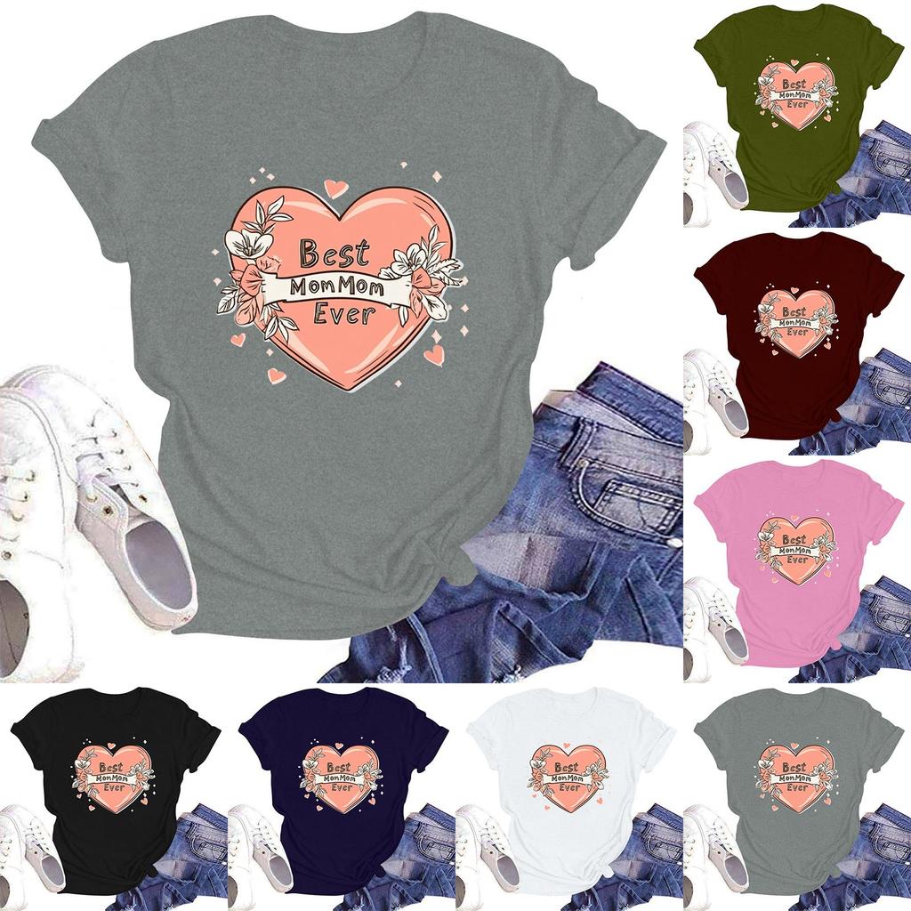 Women's Casual Loose Printed T-shirt Round Neck Pullover Short Sleeved Top