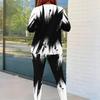 Women Plus Size Two Piece Pants Set Round Neck Long Sleeve Black White Geometric Printed Outfit