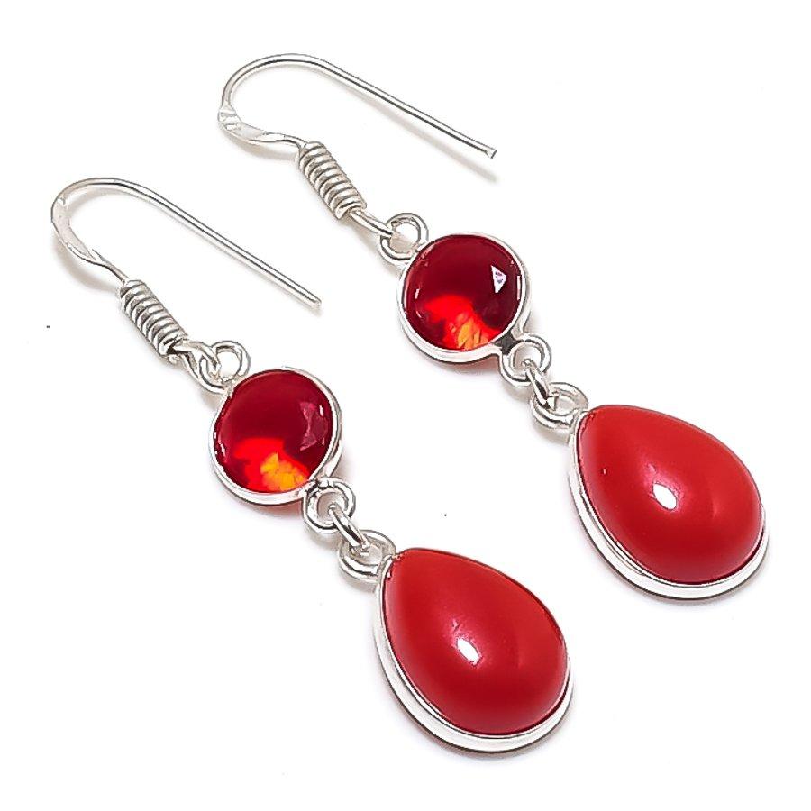Натуральный Коралл, Гранат Камень 925 Стерлинговое Серебро Ювелирное Изделие Серьга 1.97" AEE-11302