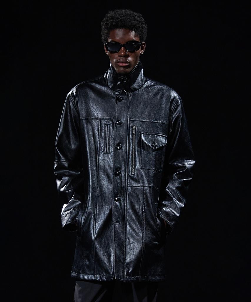 TAKEASY [Dmd] Incision Leather Car Coat - Black